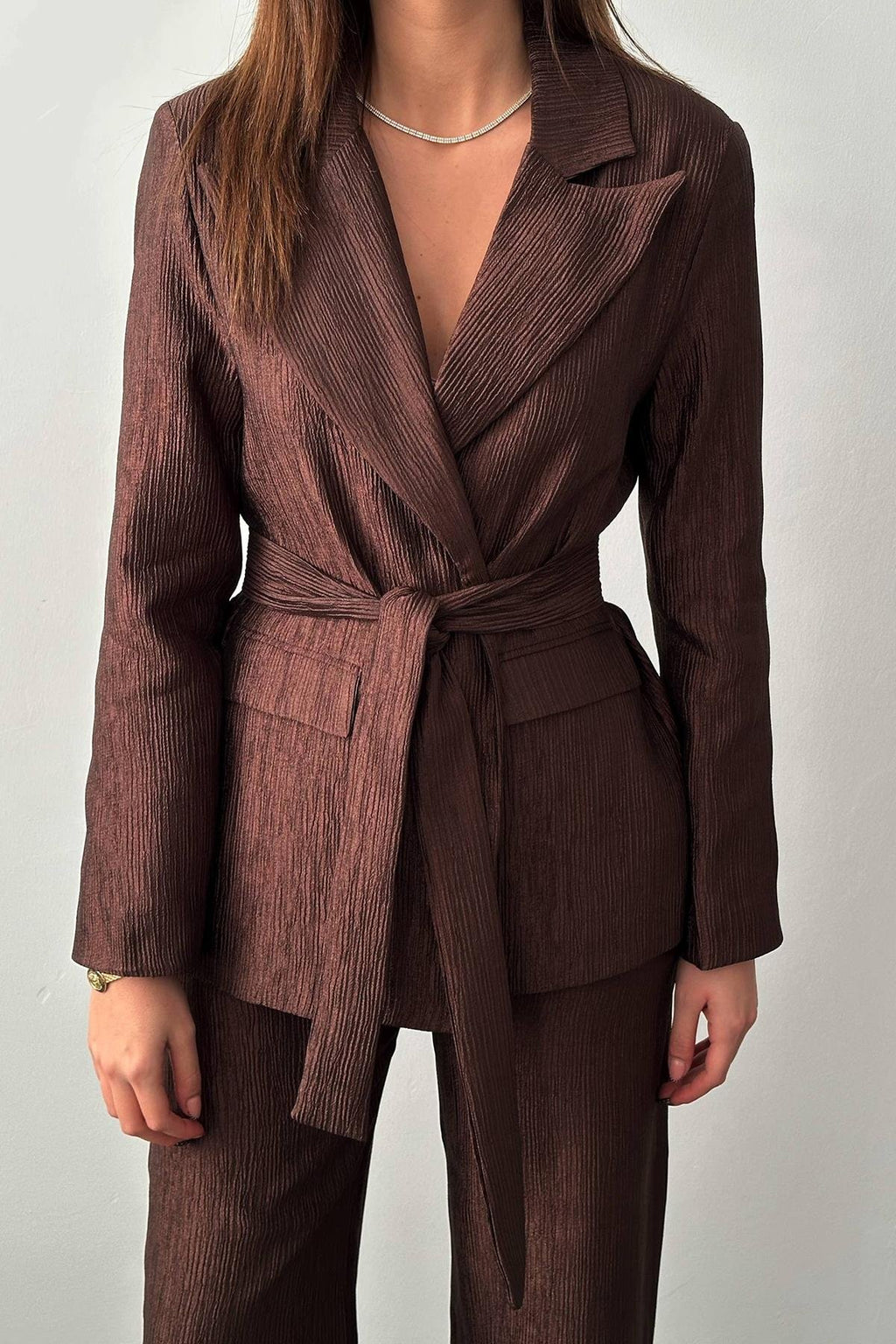 BROWN SHINY BELTED TWO-PIECE SUIT