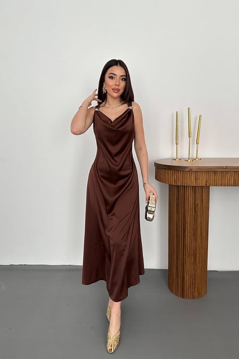 BROWN SATIN V-NECK MAXI DRESS WITH BUCKLE DETAIL