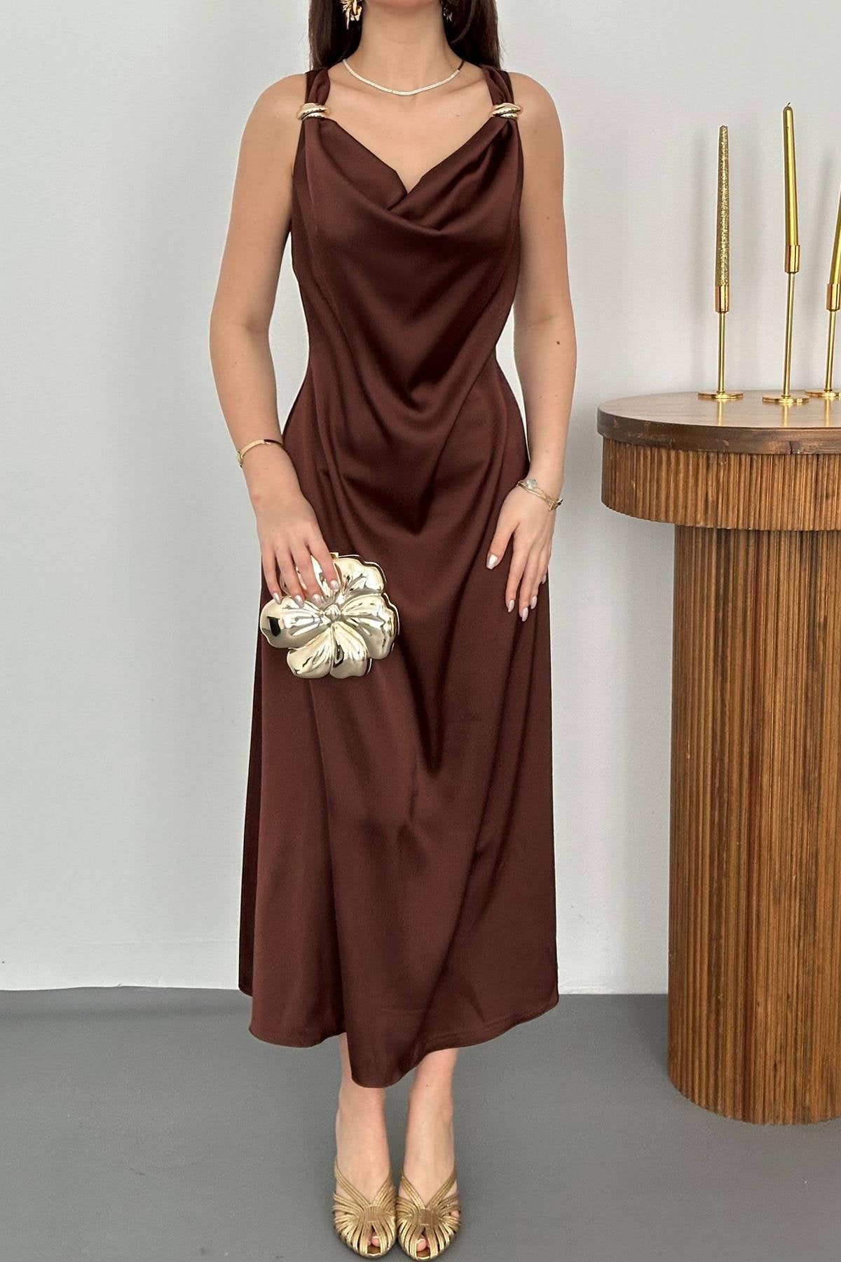 BROWN SATIN V-NECK MAXI DRESS WITH BUCKLE DETAIL