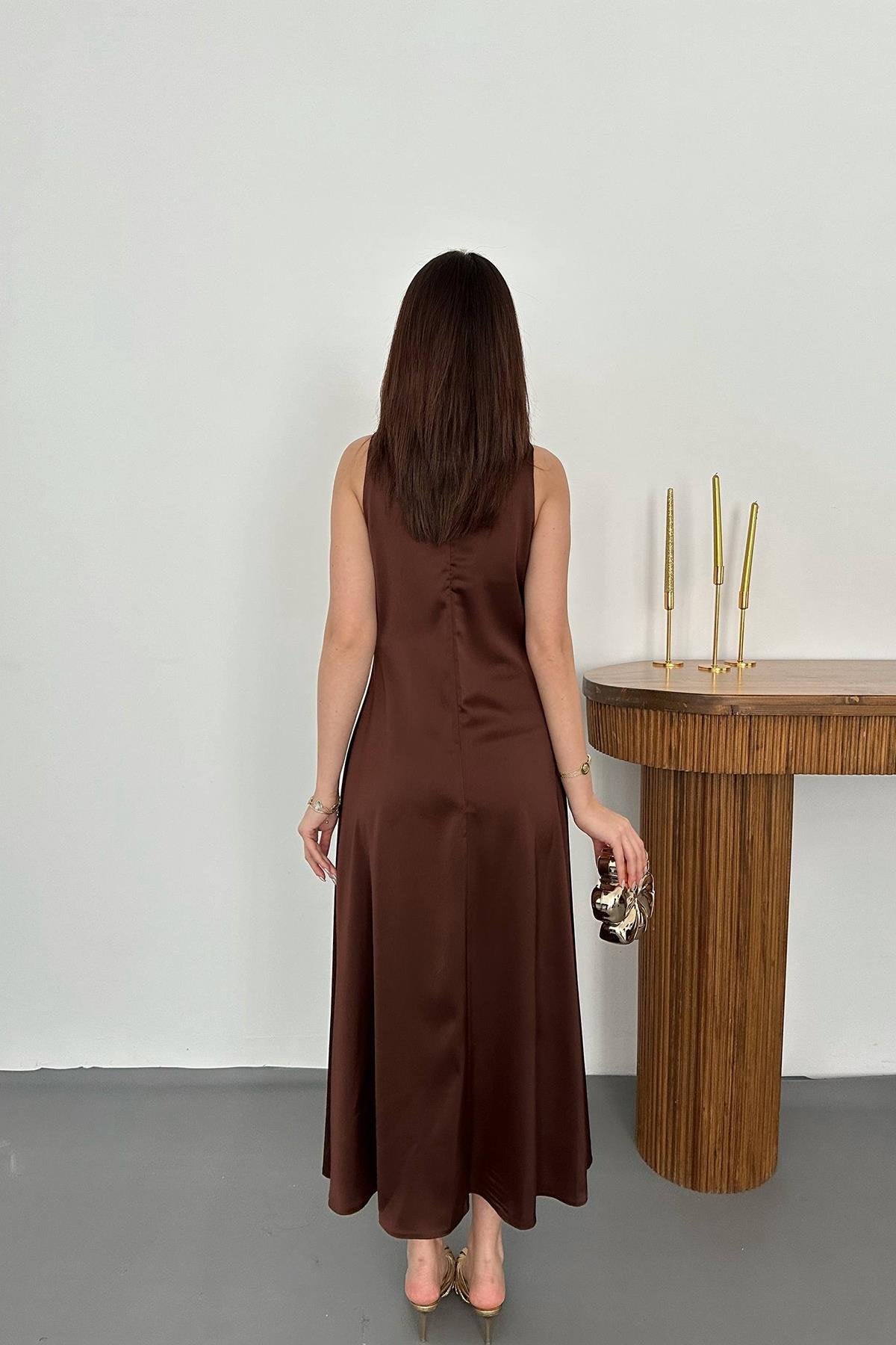 BROWN SATIN V-NECK MAXI DRESS WITH BUCKLE DETAIL