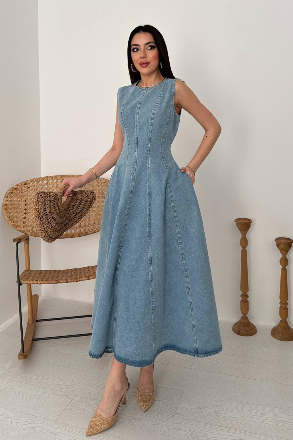 SNOW WASH DENIM MIDI DRESS