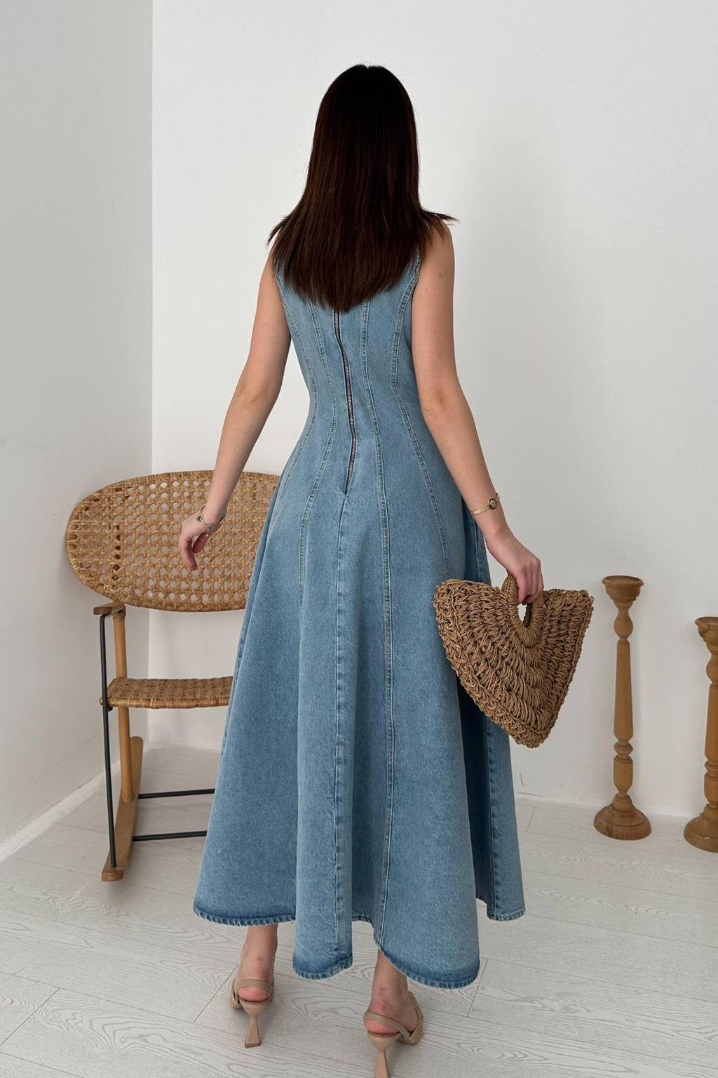 SNOW WASH DENIM MIDI DRESS