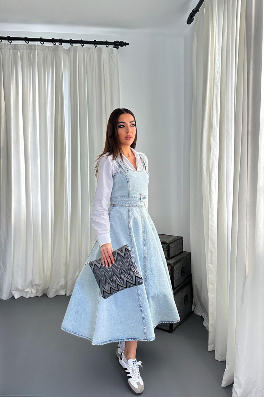 SNOW WASH BANDED DENIM MIDI DRESS