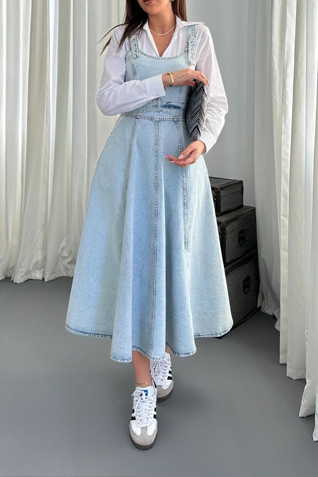 SNOW WASH BANDED DENIM MIDI DRESS