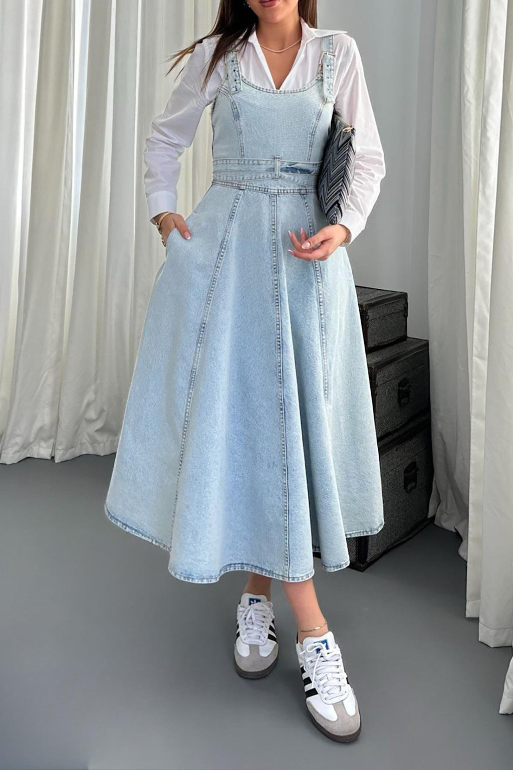 SNOW WASH BANDED DENIM MIDI DRESS