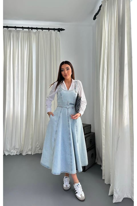 SNOW WASH BANDED DENIM MIDI DRESS