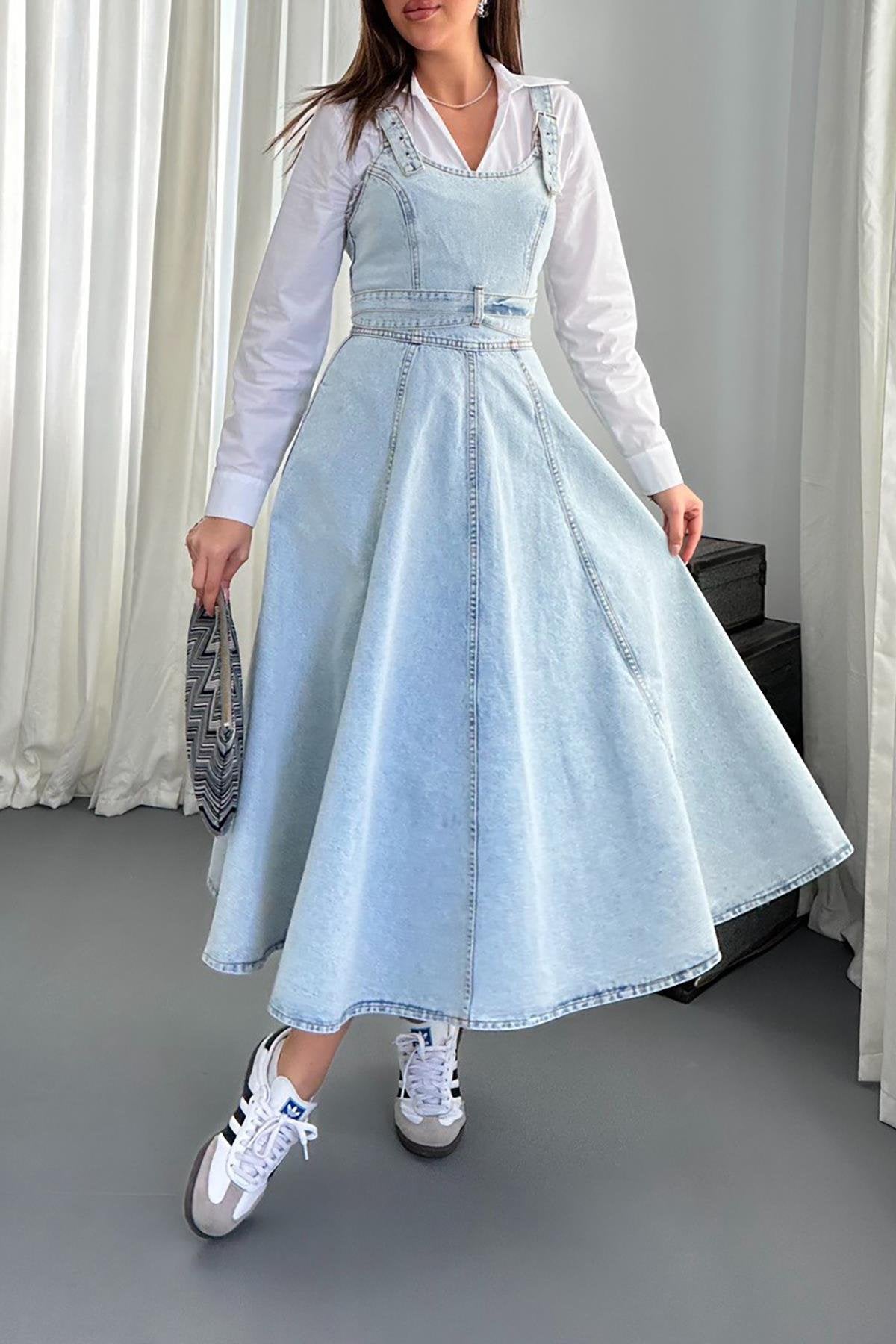 SNOW WASH BANDED DENIM MIDI DRESS