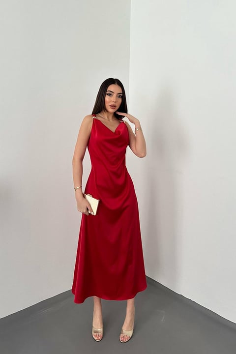 RED SATIN V-NECK MAXI DRESS WITH BUCKLE DETAIL