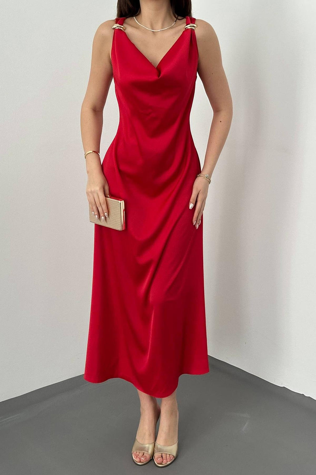 RED SATIN V-NECK MAXI DRESS WITH BUCKLE DETAIL