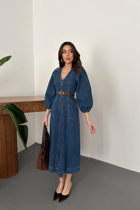 BLUE DENIM PUFF SLEEVE MIDI DRESS