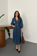 BLUE DENIM PUFF SLEEVE MIDI DRESS