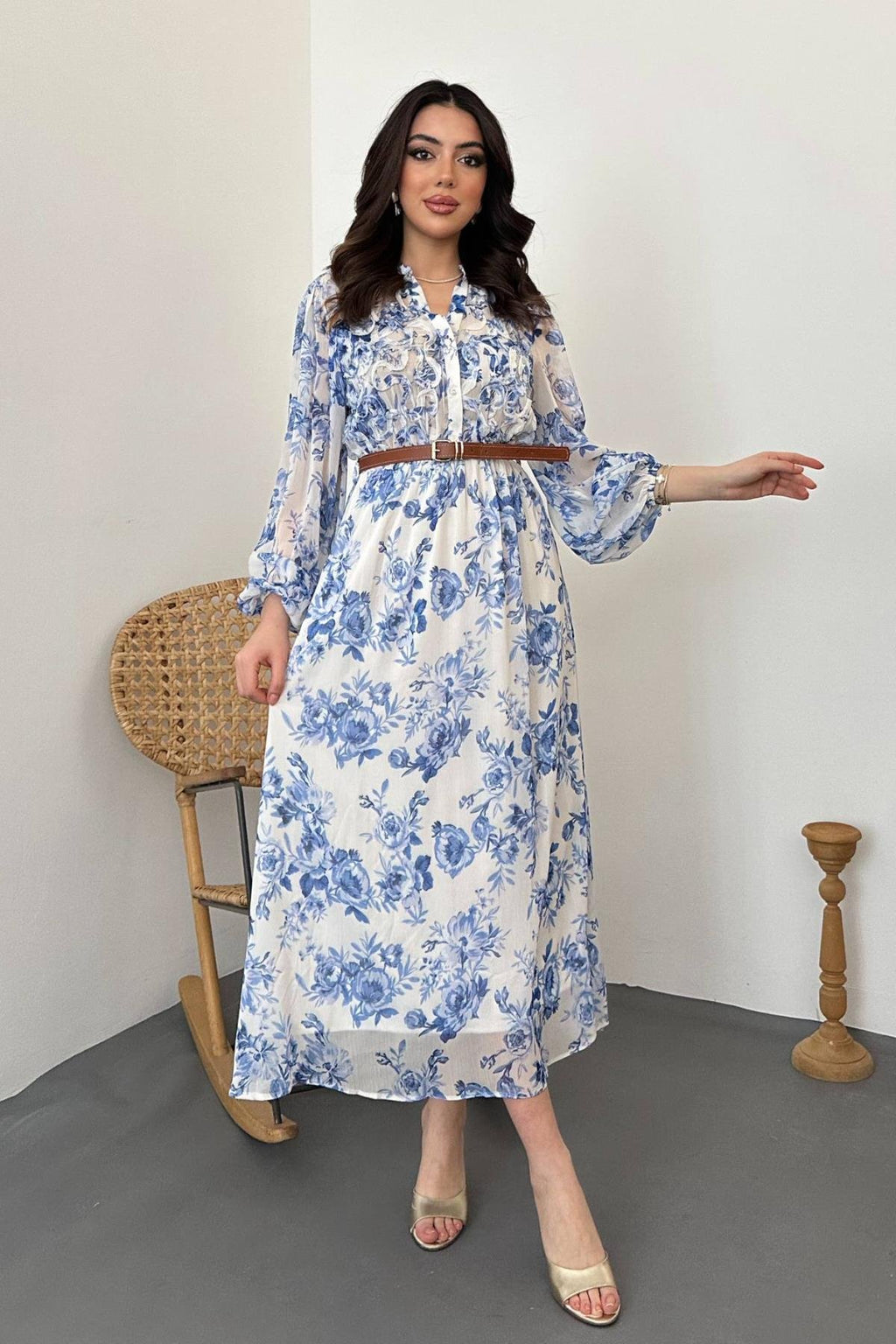 BLUE PIPING DETAIL MAXI DRESS