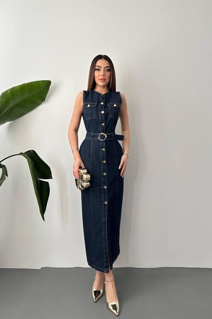 BLUE BUTTONED DENIM DRESS