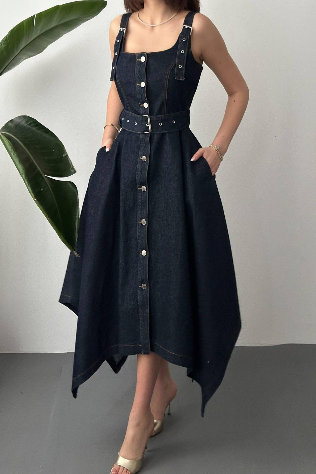 BLUE ASYMMETRICAL HEM DENIM MIDI DRESS
