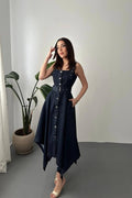 BLUE ASYMMETRICAL HEM DENIM MIDI DRESS