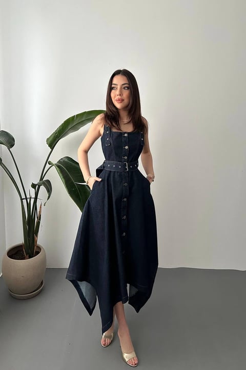 BLUE ASYMMETRICAL HEM DENIM MIDI DRESS