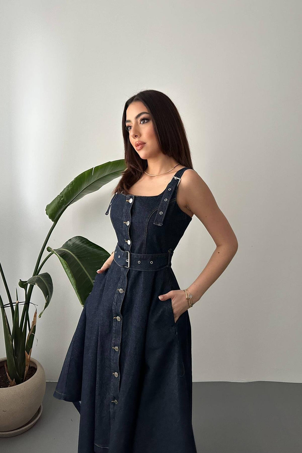 BLUE ASYMMETRICAL HEM DENIM MIDI DRESS