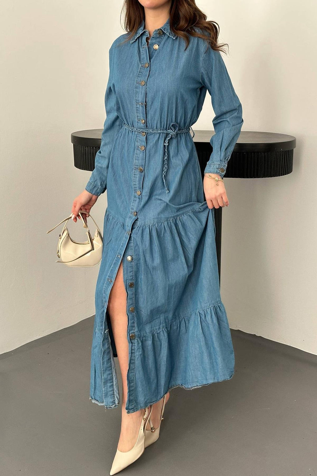 BLUE DENIM SHIRT MIDI DRESS