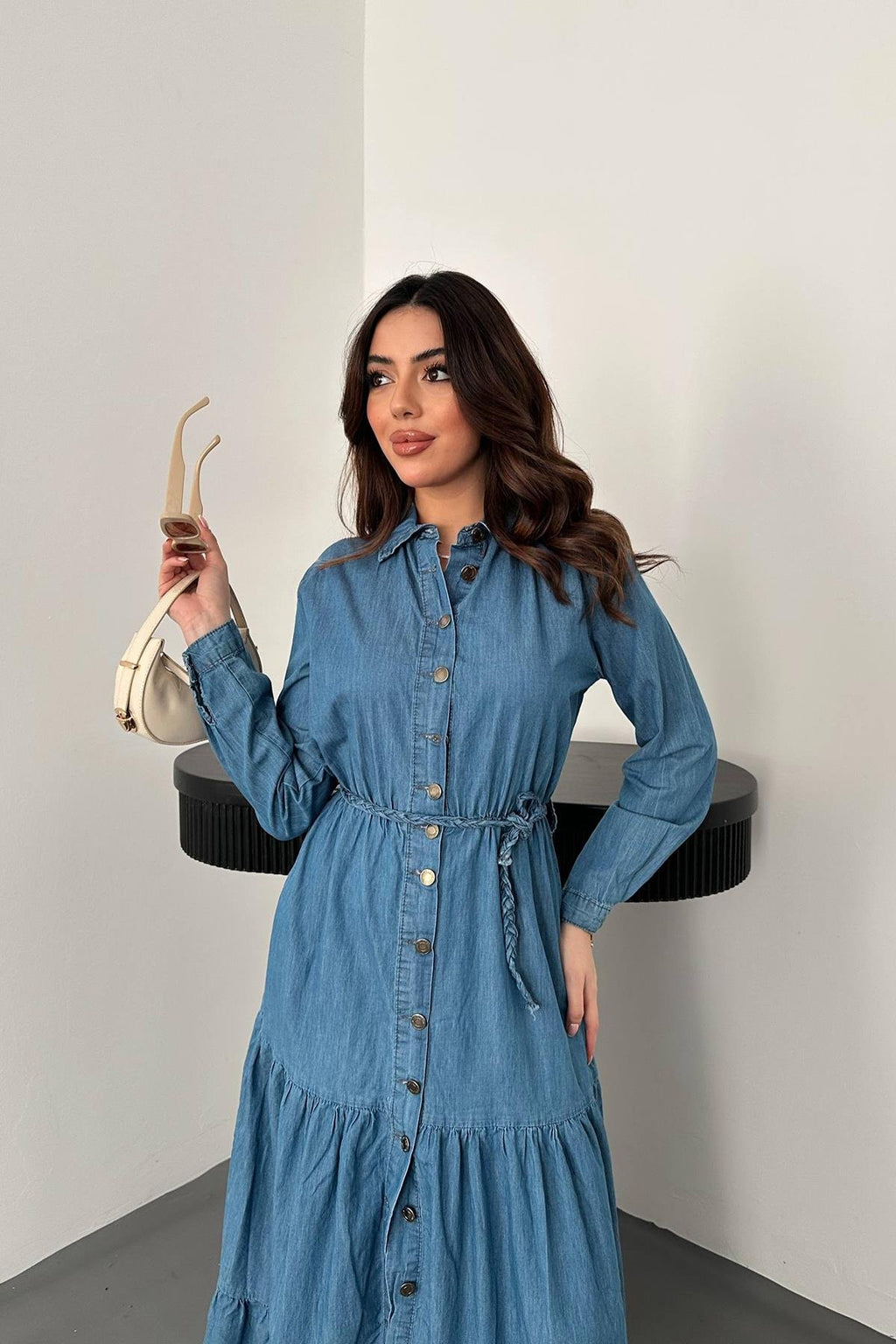 BLUE DENIM SHIRT MIDI DRESS