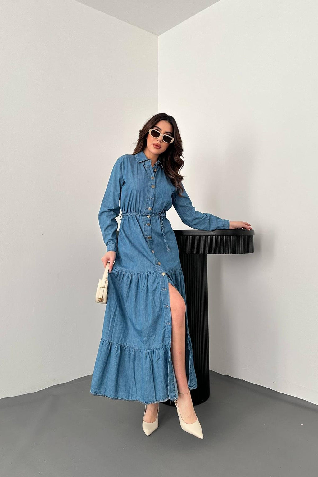 BLUE DENIM SHIRT MIDI DRESS