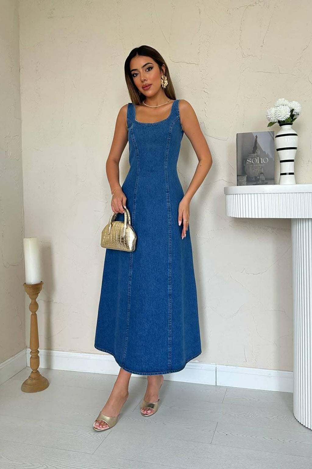 BLUE DENIM MIDI DRESS