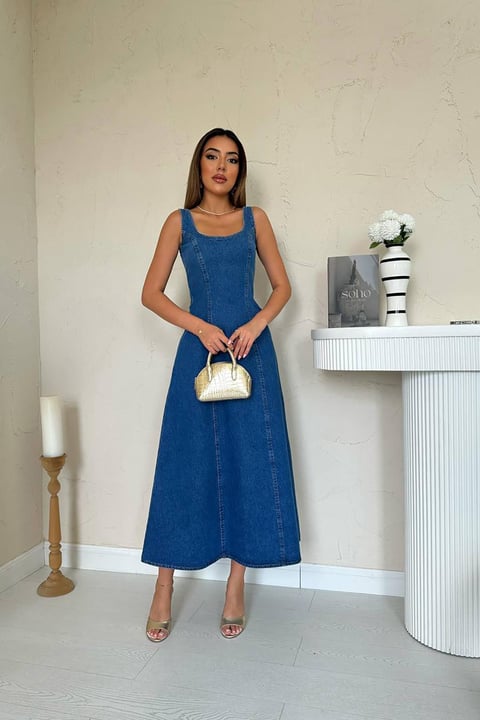 BLUE DENIM MIDI DRESS