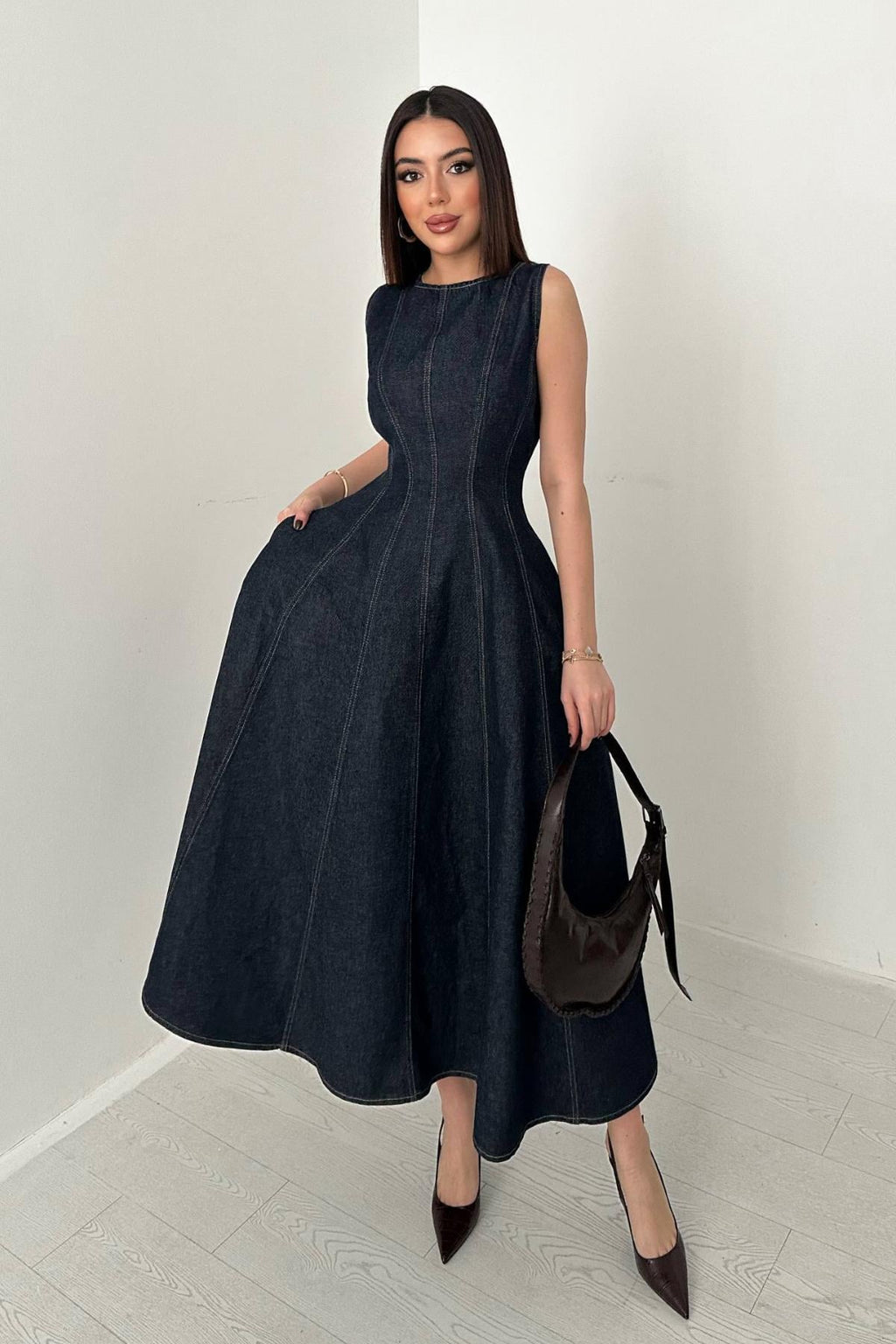 BLUE DENIM MIDI DRESS