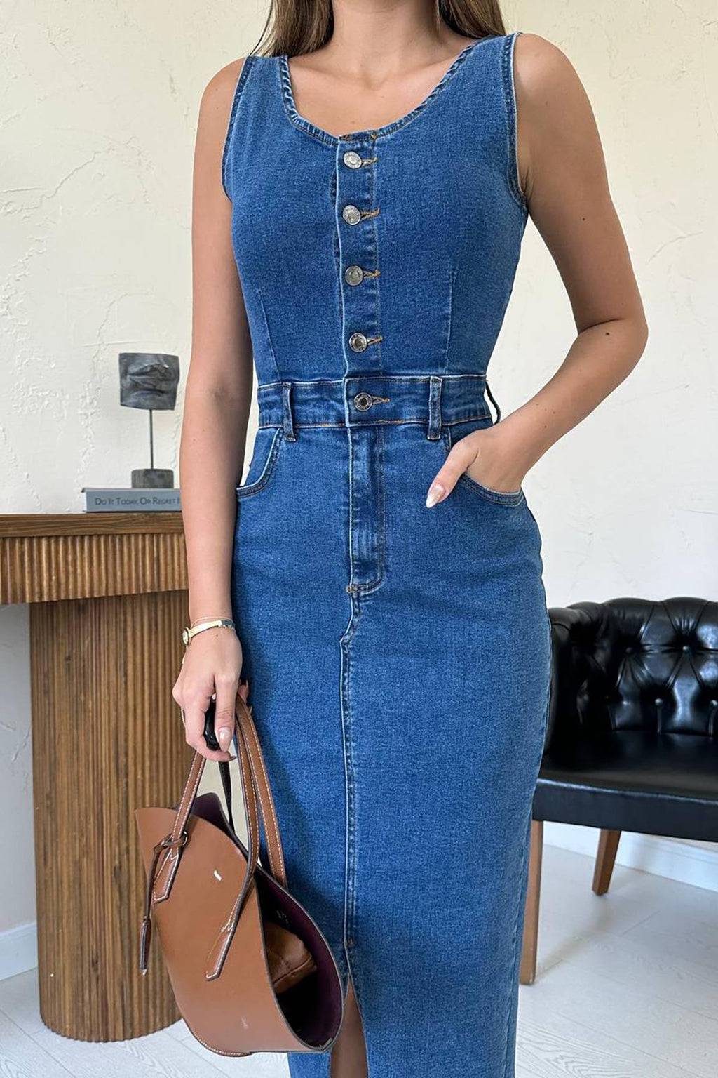 BLUE LYCRA DENIM VEST-STYLE DRESS