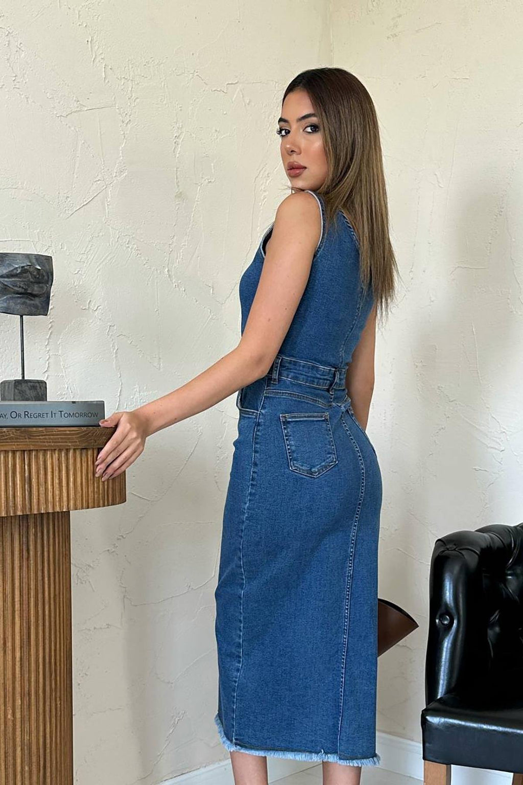 BLUE LYCRA DENIM VEST-STYLE DRESS