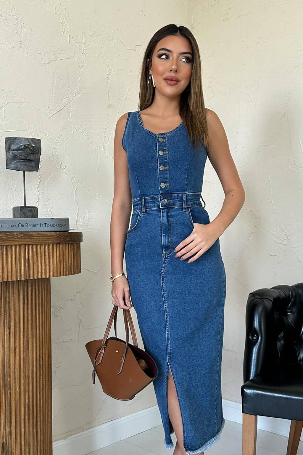 BLUE LYCRA DENIM VEST-STYLE DRESS