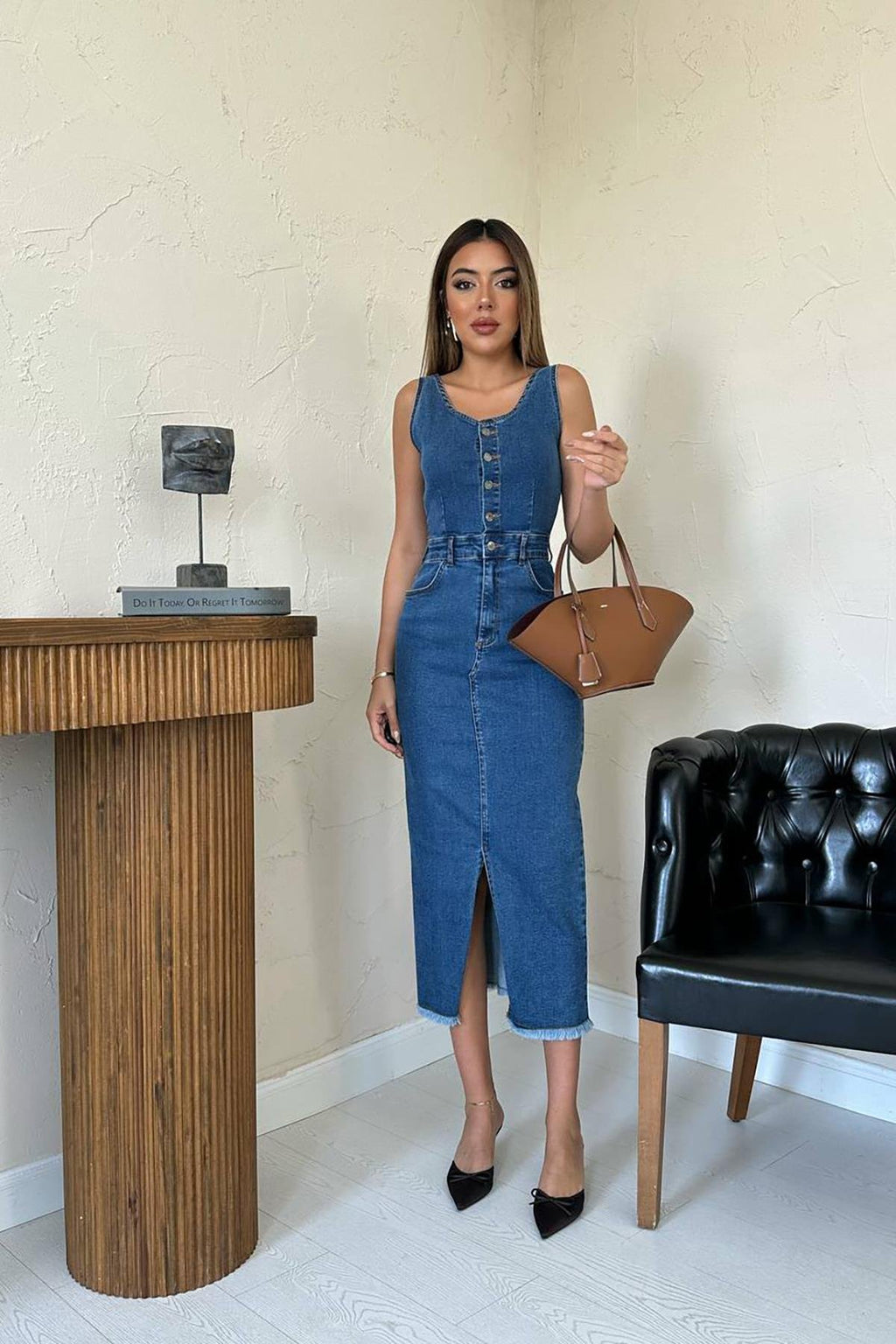 BLUE LYCRA DENIM VEST-STYLE DRESS