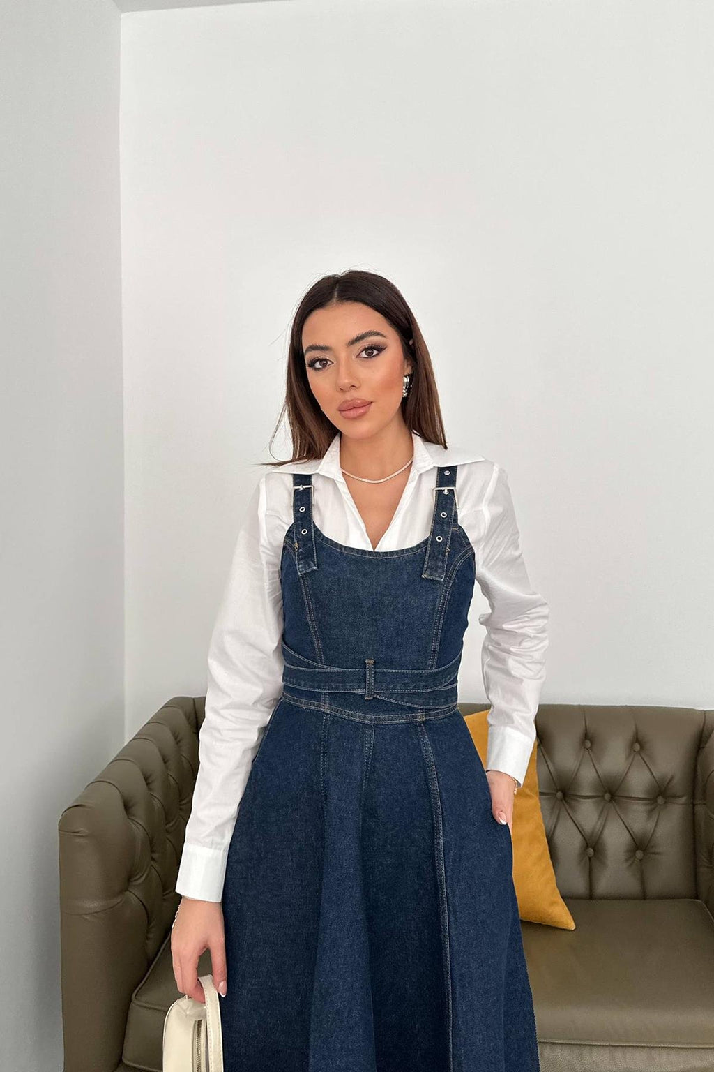BLUE BANDED DENIM MIDI DRESS