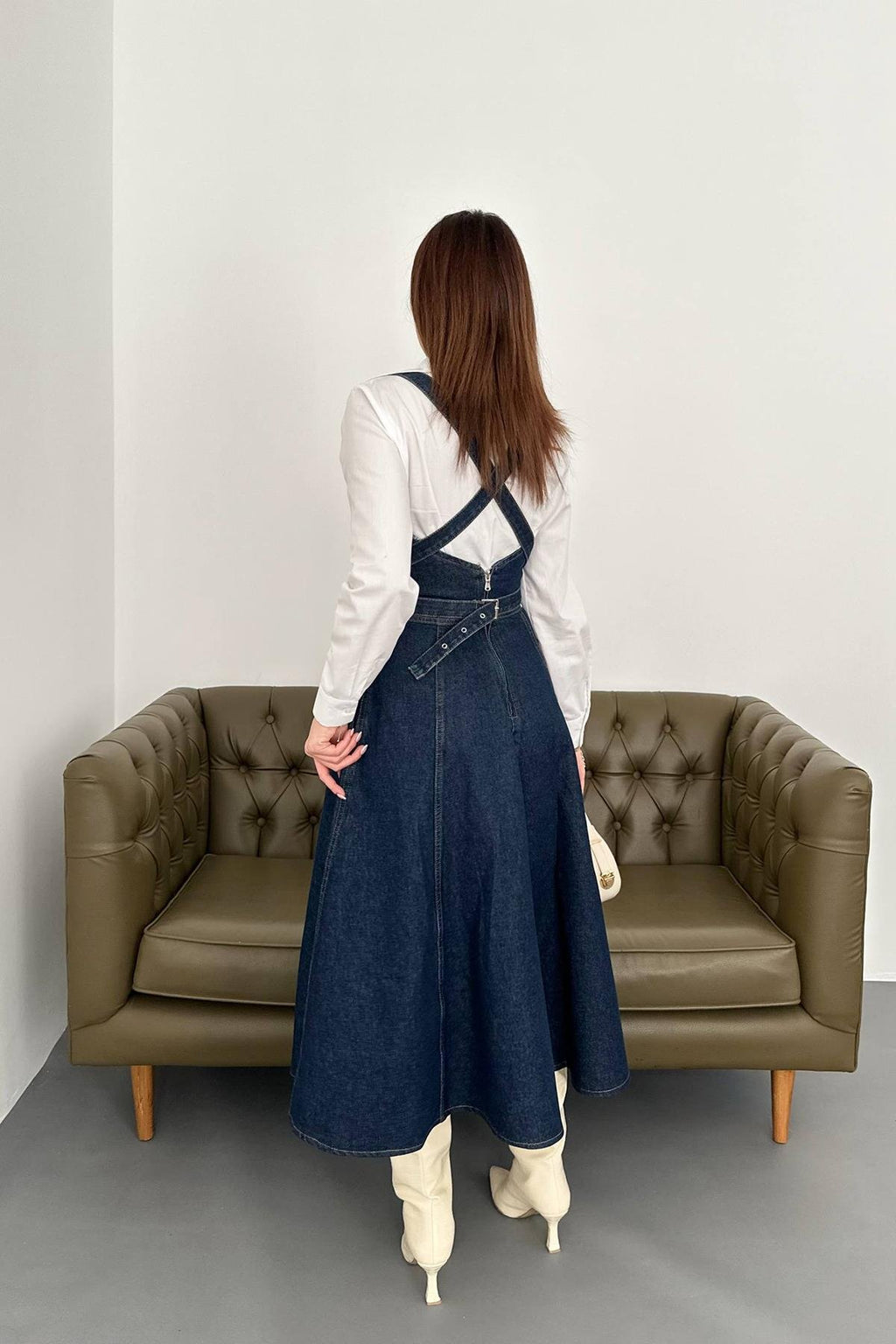 BLUE BANDED DENIM MIDI DRESS