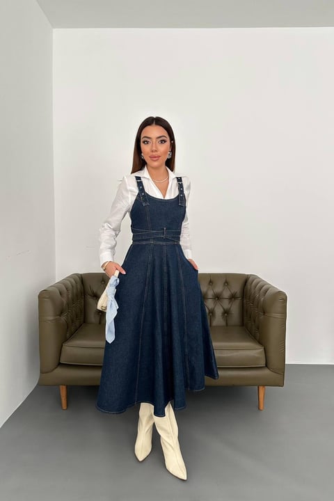 BLUE BANDED DENIM MIDI DRESS