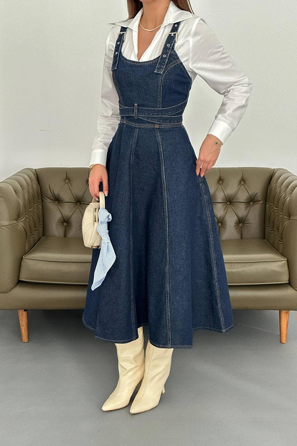 BLUE BANDED DENIM MIDI DRESS