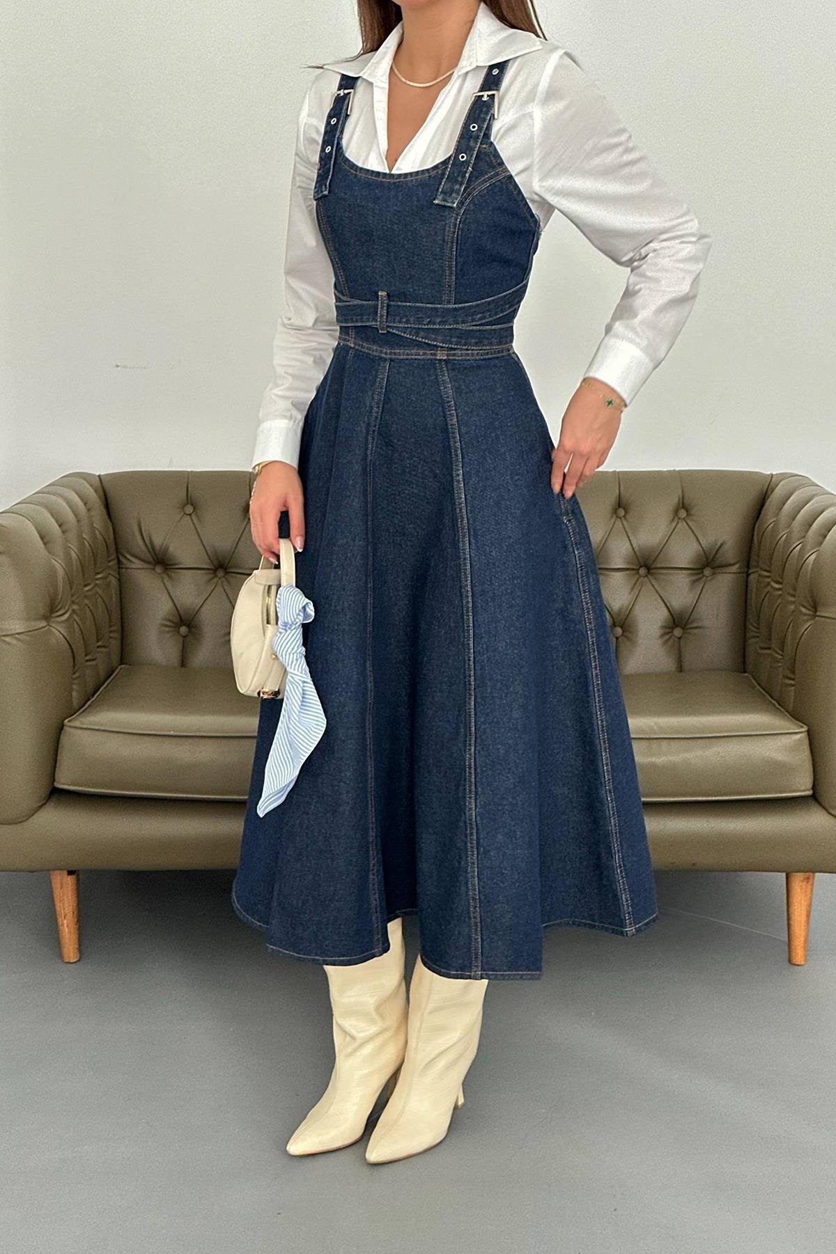 BLUE BANDED DENIM MIDI DRESS