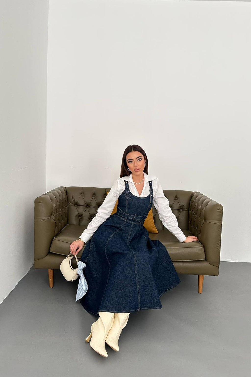 BLUE BANDED DENIM MIDI DRESS