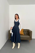 BLUE BANDED DENIM MIDI DRESS