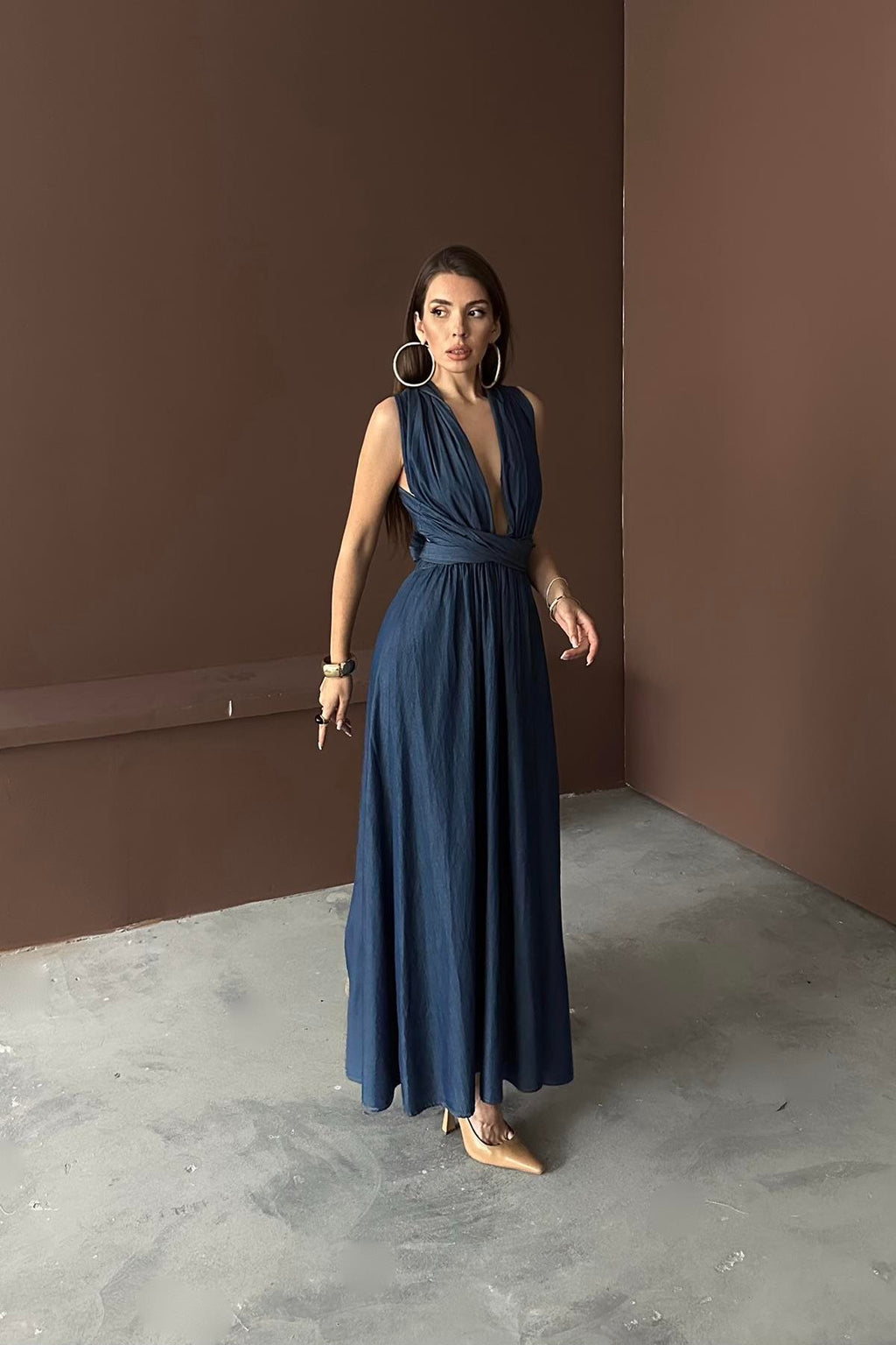 BLUE TENCEL TIE-UP MAXI DRESS