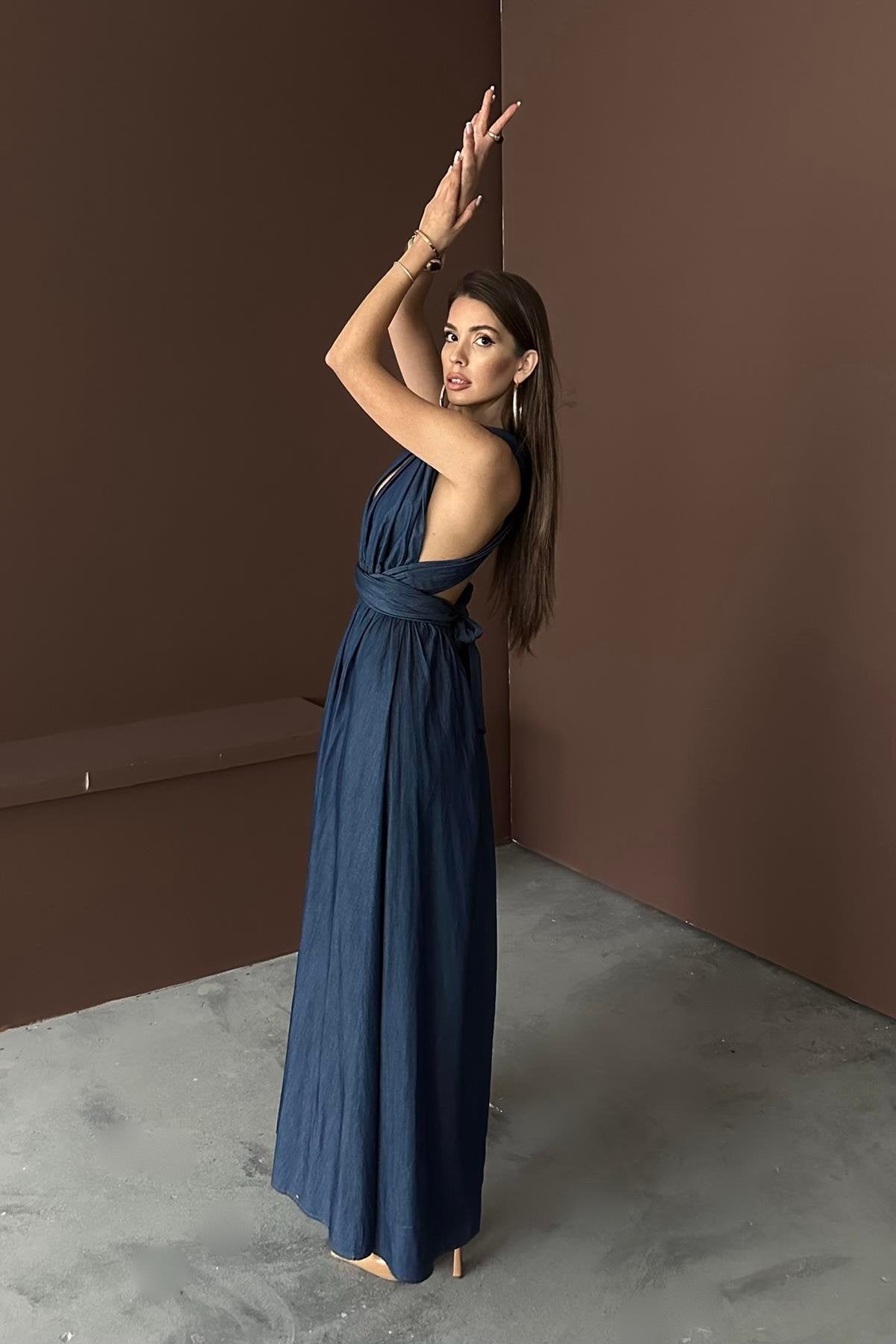 BLUE TENCEL TIE-UP MAXI DRESS