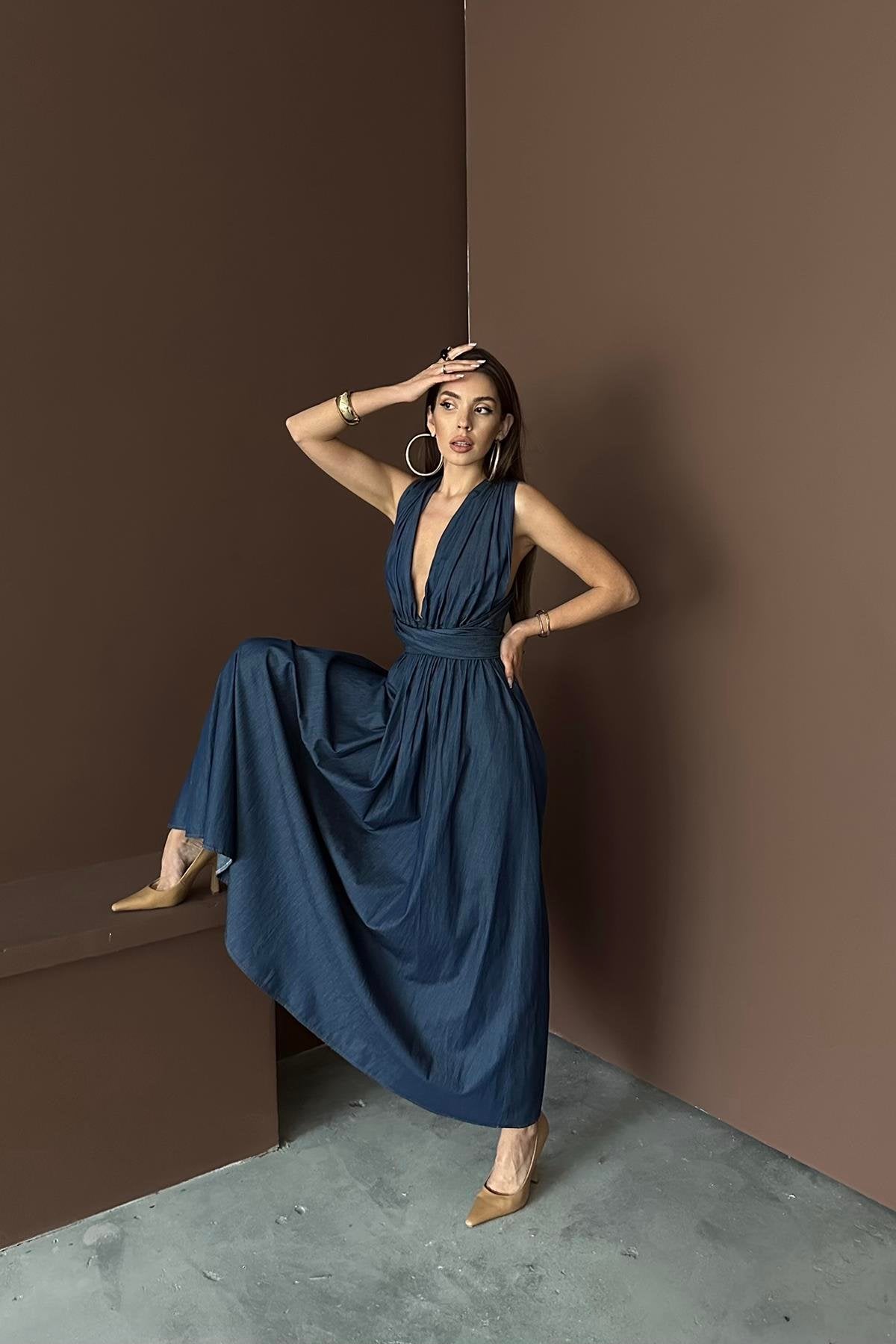BLUE TENCEL TIE-UP MAXI DRESS