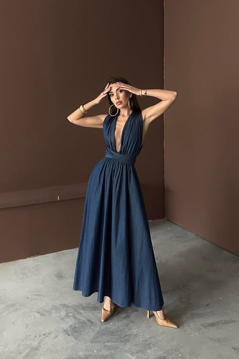 BLUE TENCEL TIE-UP MAXI DRESS