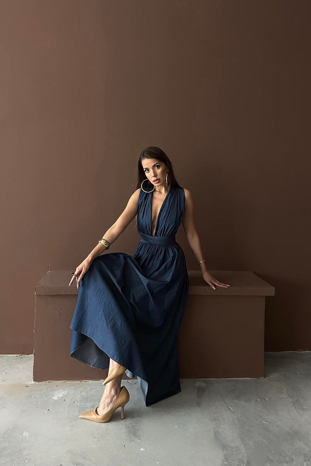 BLUE TENCEL TIE-UP MAXI DRESS