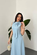 BLUE COLLARED MAXI DRESS WITH BOW DETAIL