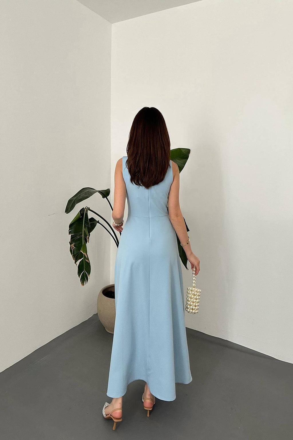 BLUE COLLARED MAXI DRESS WITH BOW DETAIL