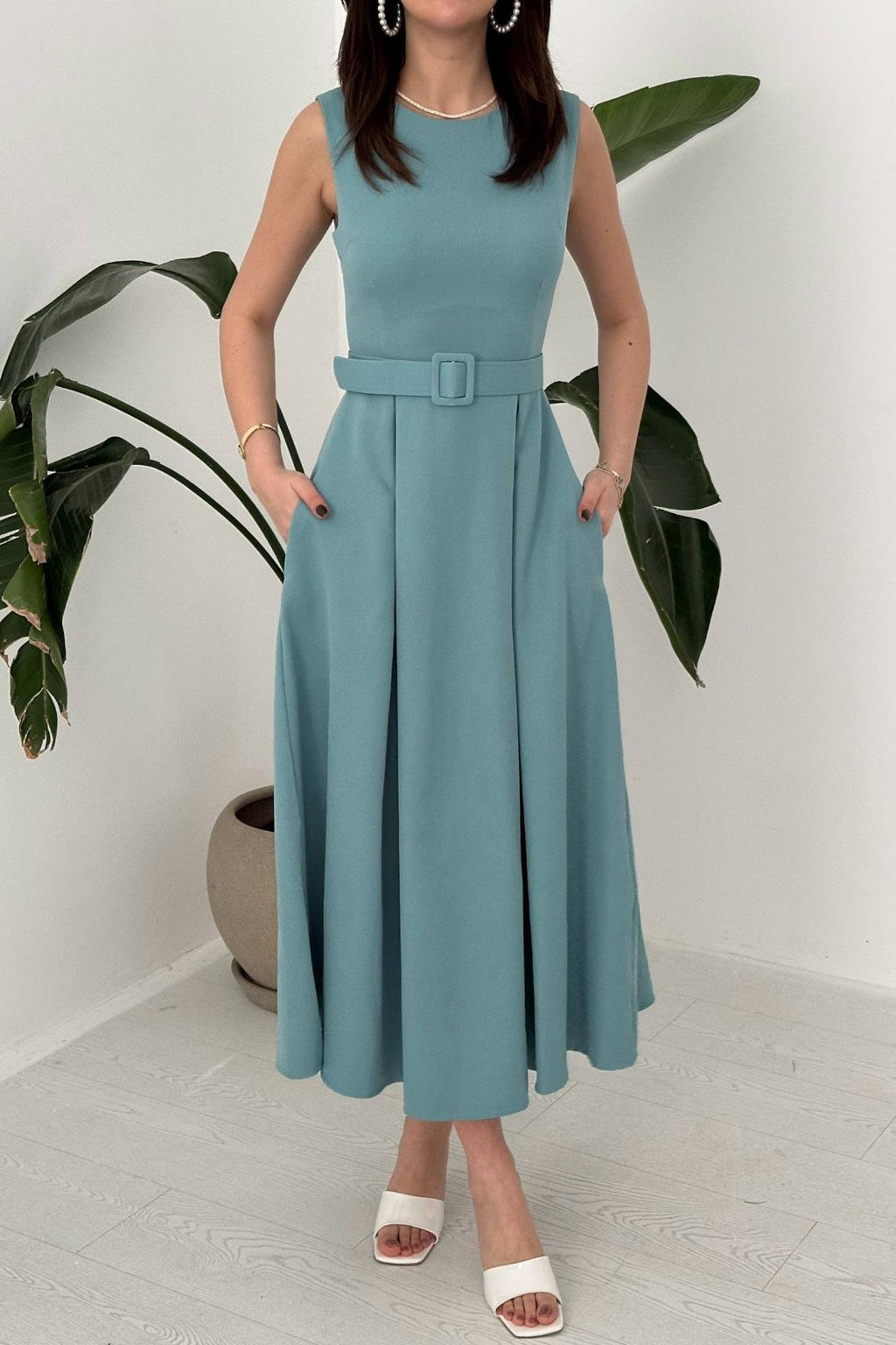 MINT HALTER NECK FLARED MAXI DRESS