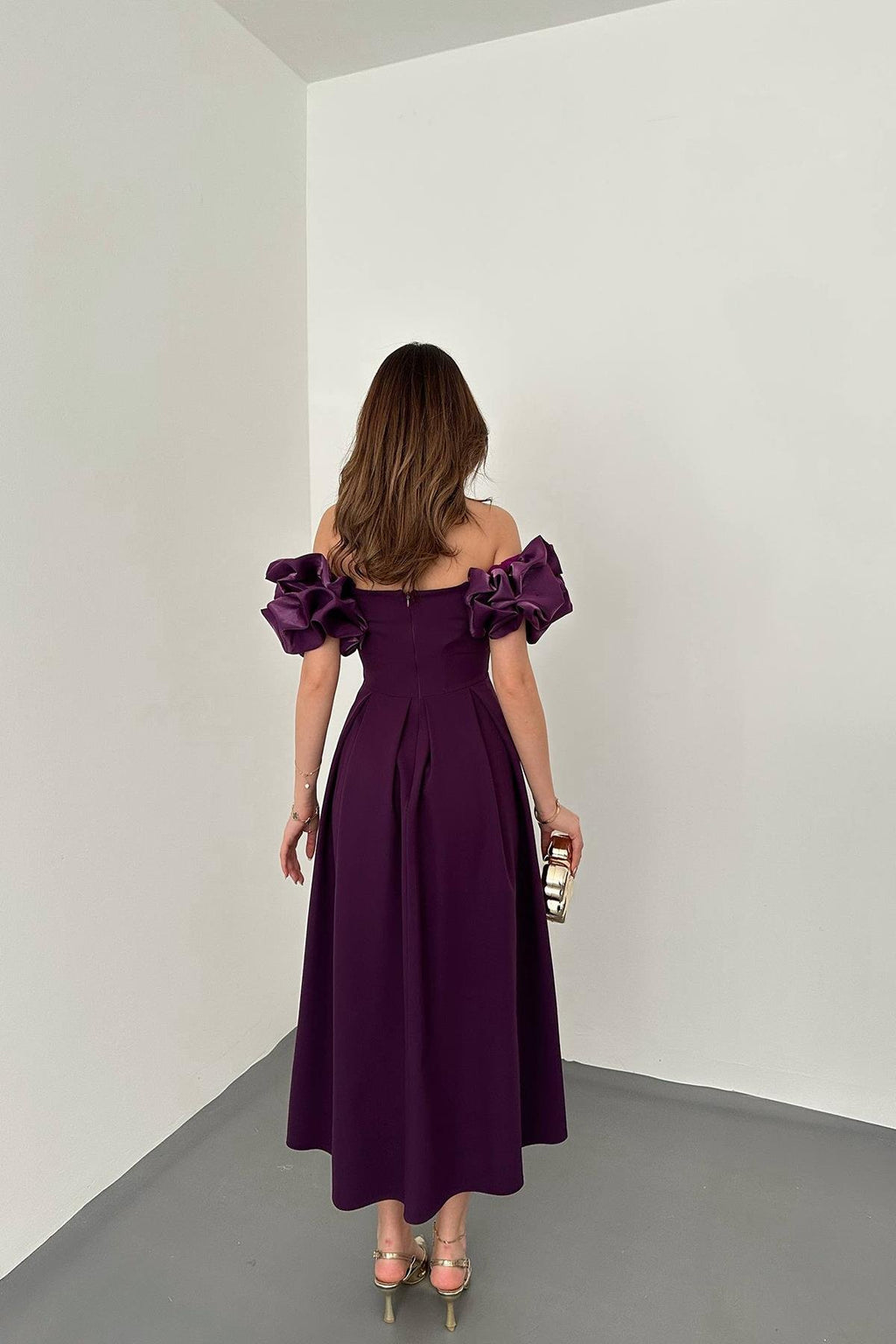 PURPLE SLEEVED BALLOON PLEATED SATIN DRESS