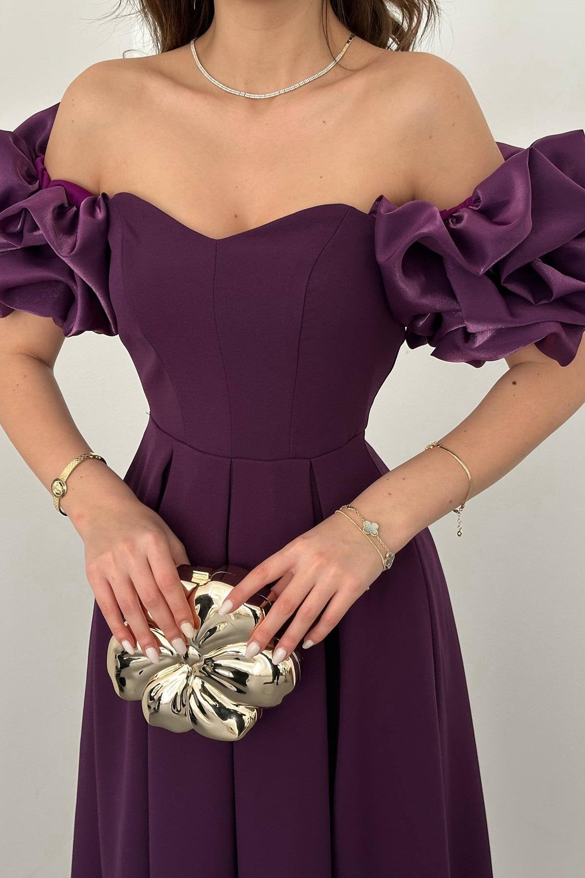 PURPLE SLEEVED BALLOON PLEATED SATIN DRESS