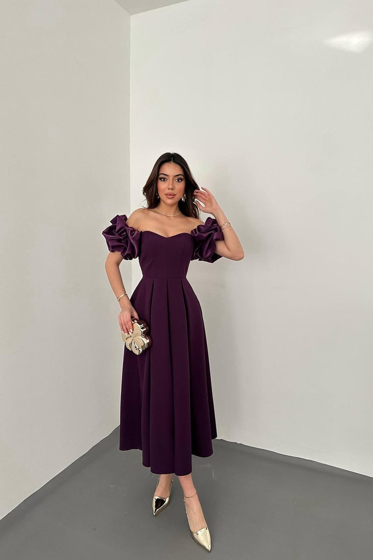 PURPLE SLEEVED BALLOON PLEATED SATIN DRESS