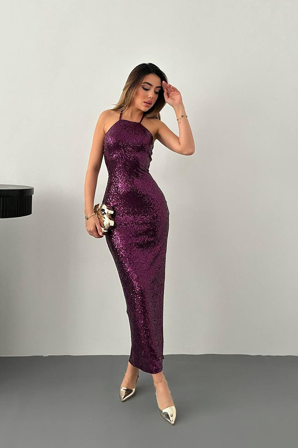 PURPLE BACKLESS SEQUIN MAXI DRESS